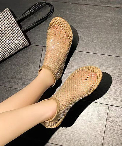 Fashion Khaki Soft Bottom Mesh Breathable Hollow Out Zircon Flat Sandals