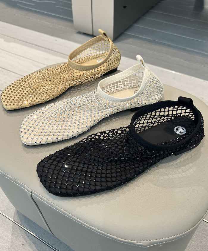 Fashion Khaki Soft Bottom Mesh Breathable Hollow Out Zircon Flat Sandals