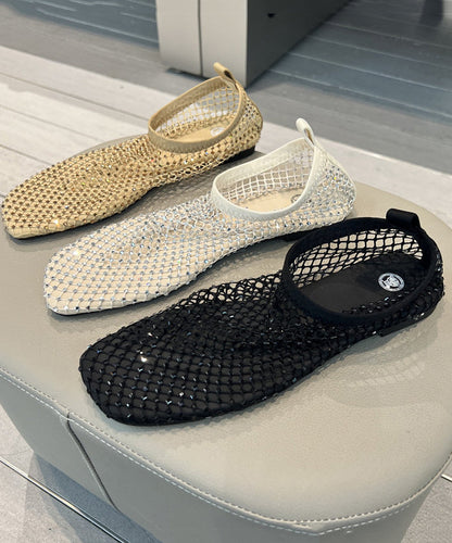 Fashion Khaki Soft Bottom Mesh Breathable Hollow Out Zircon Flat Sandals