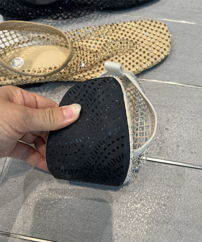 Fashion Khaki Soft Bottom Mesh Breathable Hollow Out Zircon Flat Sandals