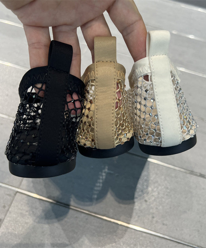 Fashion Khaki Soft Bottom Mesh Breathable Hollow Out Zircon Flat Sandals