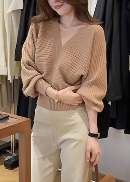 Fashion Khaki V Neck Patchwork Cozy Cotton Knit Sweater Spring