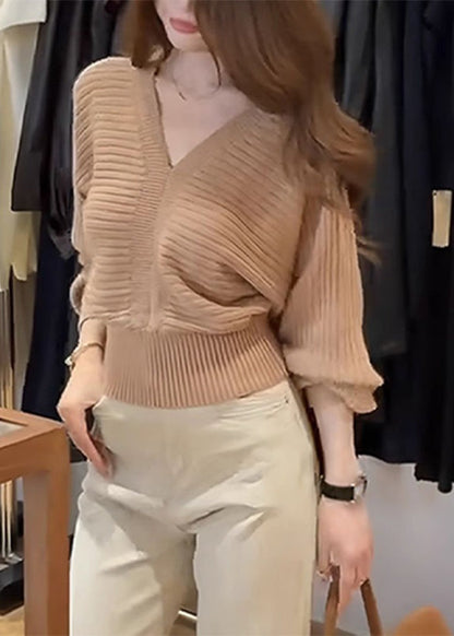 Fashion Khaki V Neck Patchwork Cozy Cotton Knit Sweater Spring
