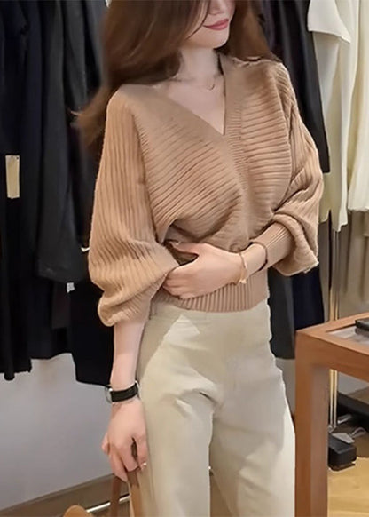 Fashion Khaki V Neck Patchwork Cozy Cotton Knit Sweater Spring