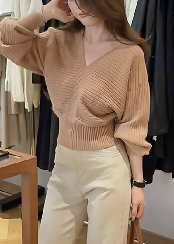 Fashion Khaki V Neck Patchwork Cozy Cotton Knit Sweater Spring