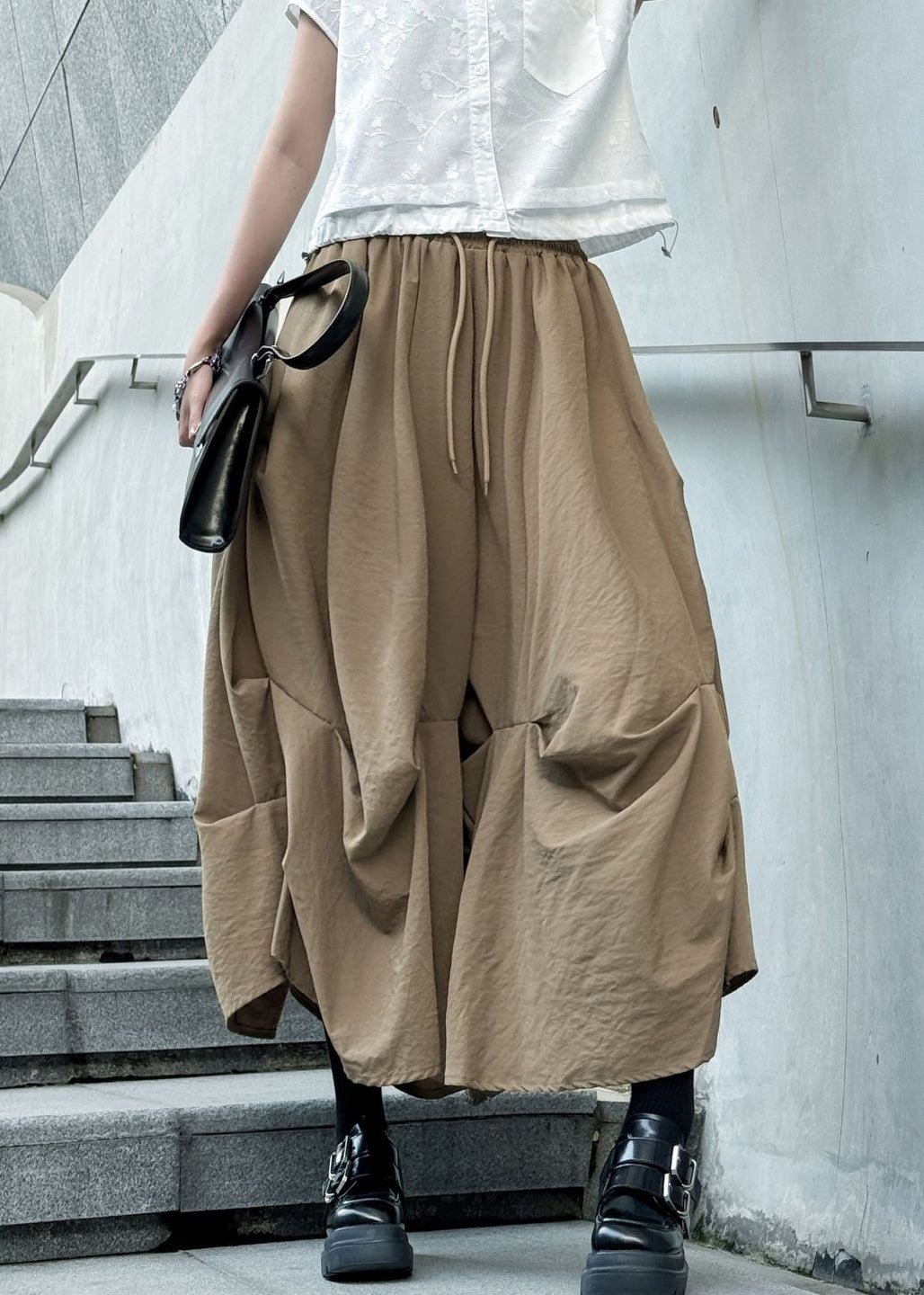 Fashion Khaki Wrinkled Patchwork Elastic Waist Cotton Skirt Summer