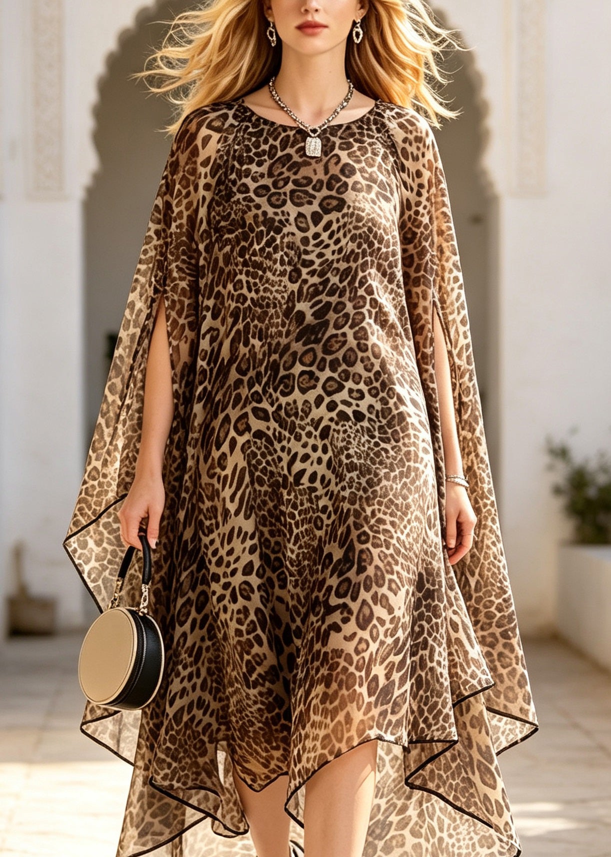 Fashion Leopard O Neck Asymmetrical Design Chiffon Dress Set Summer