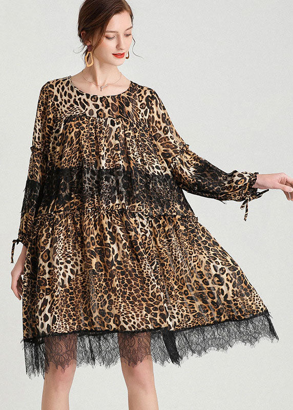 Fashion Leopard Patchwork Lace Fall Chiffon Dress