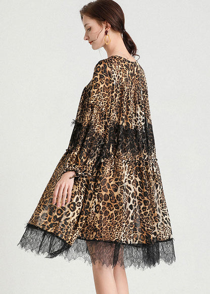Fashion Leopard Patchwork Lace Fall Chiffon Dress