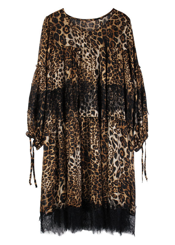 Fashion Leopard Patchwork Lace Fall Chiffon Dress