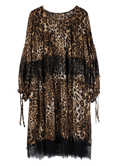 Fashion Leopard Patchwork Lace Fall Chiffon Dress