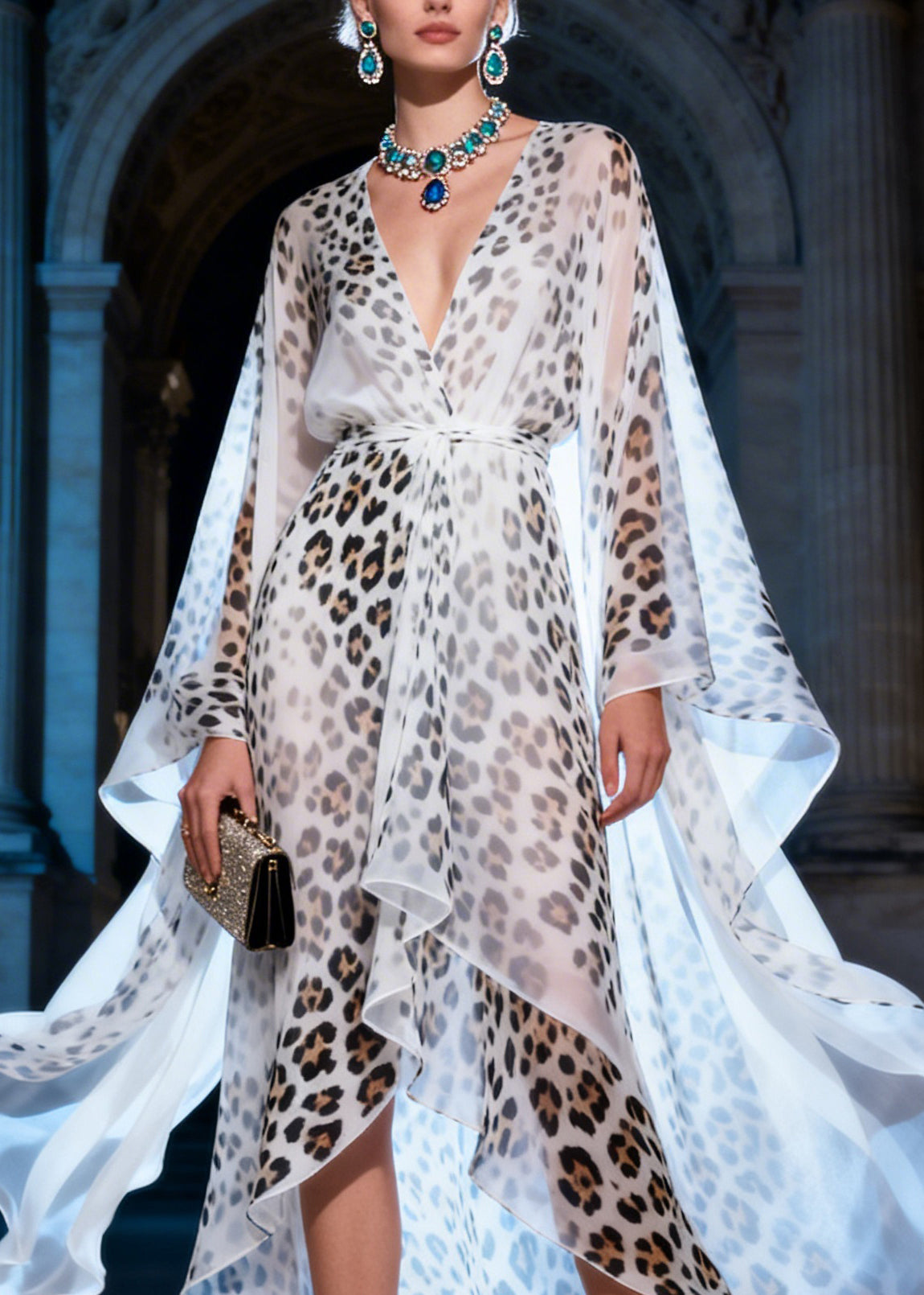 Fashion Leopard Print V Neck Asymmetrical Patchwork Chiffon Dress Summer