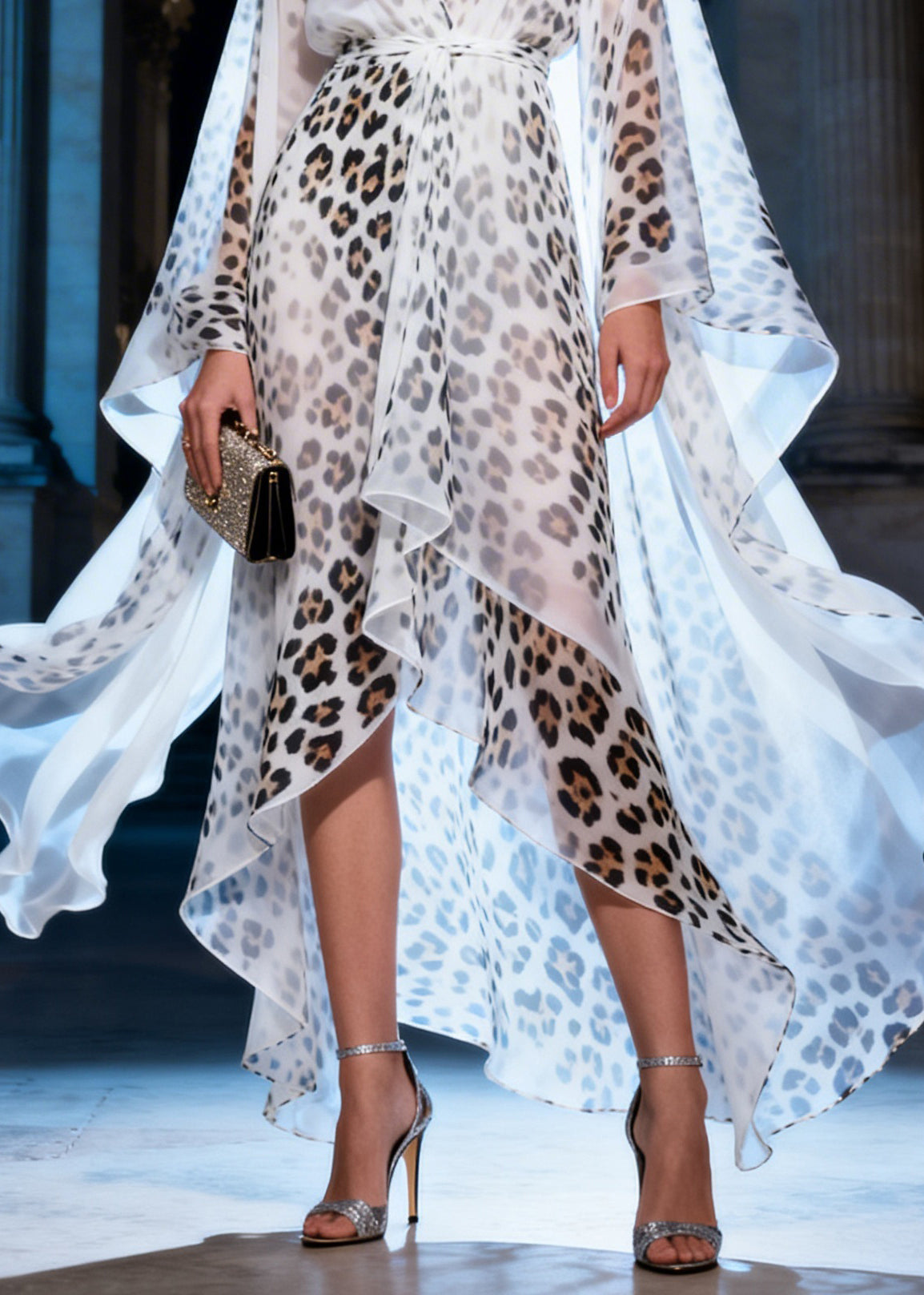Fashion Leopard Print V Neck Asymmetrical Patchwork Chiffon Dress Summer