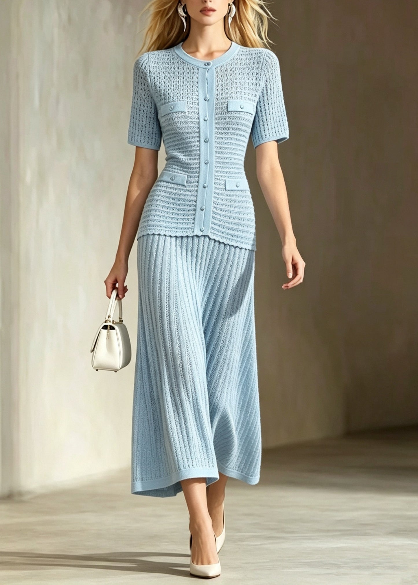 Fashion Light Blue O-Neck Button Party Dress Short Sleeve