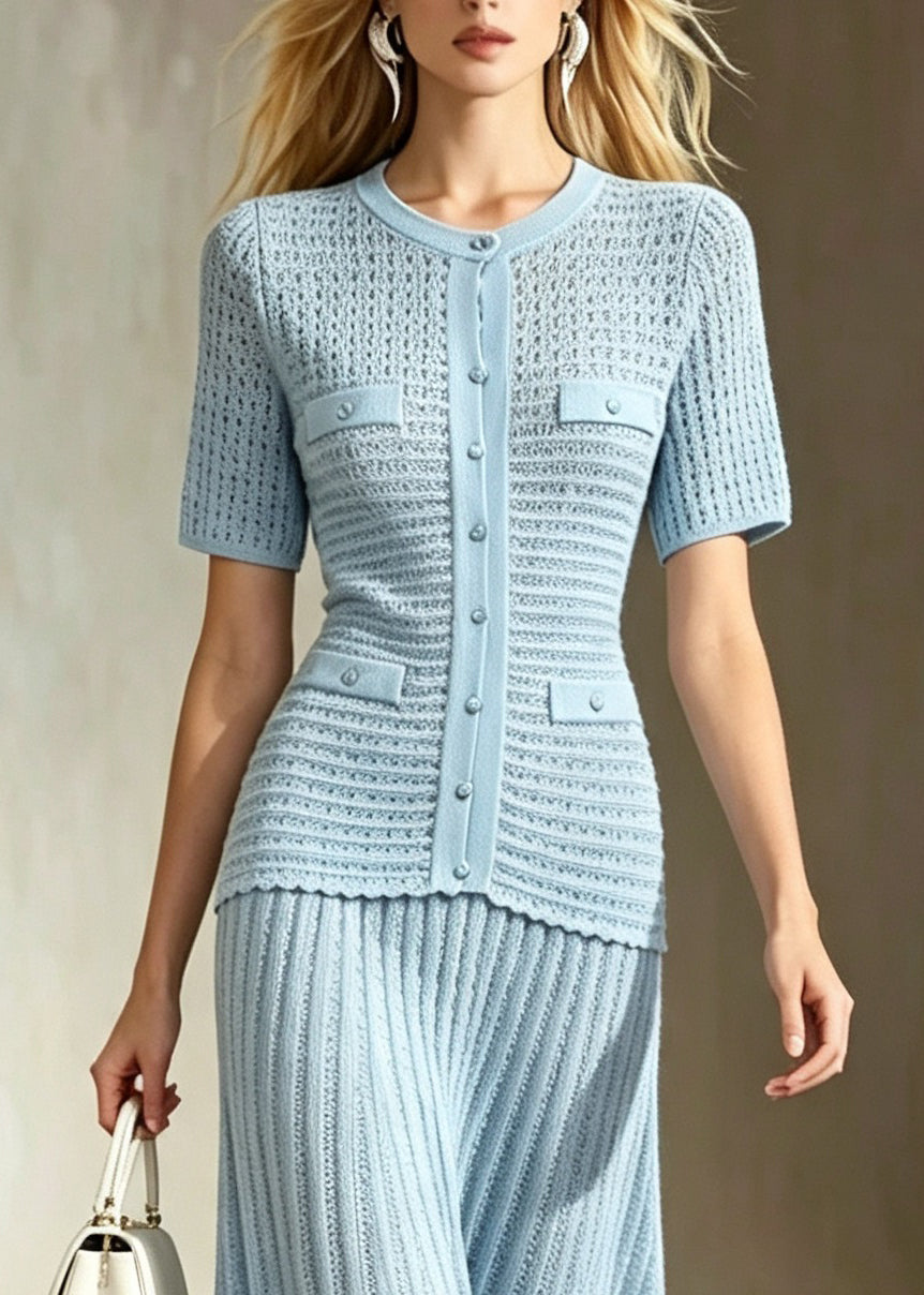 Fashion Light Blue O-Neck Button Party Dress Short Sleeve