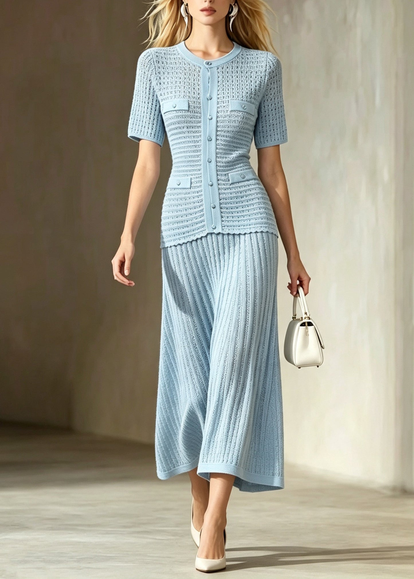 Fashion Light Blue O-Neck Button Party Dress Short Sleeve