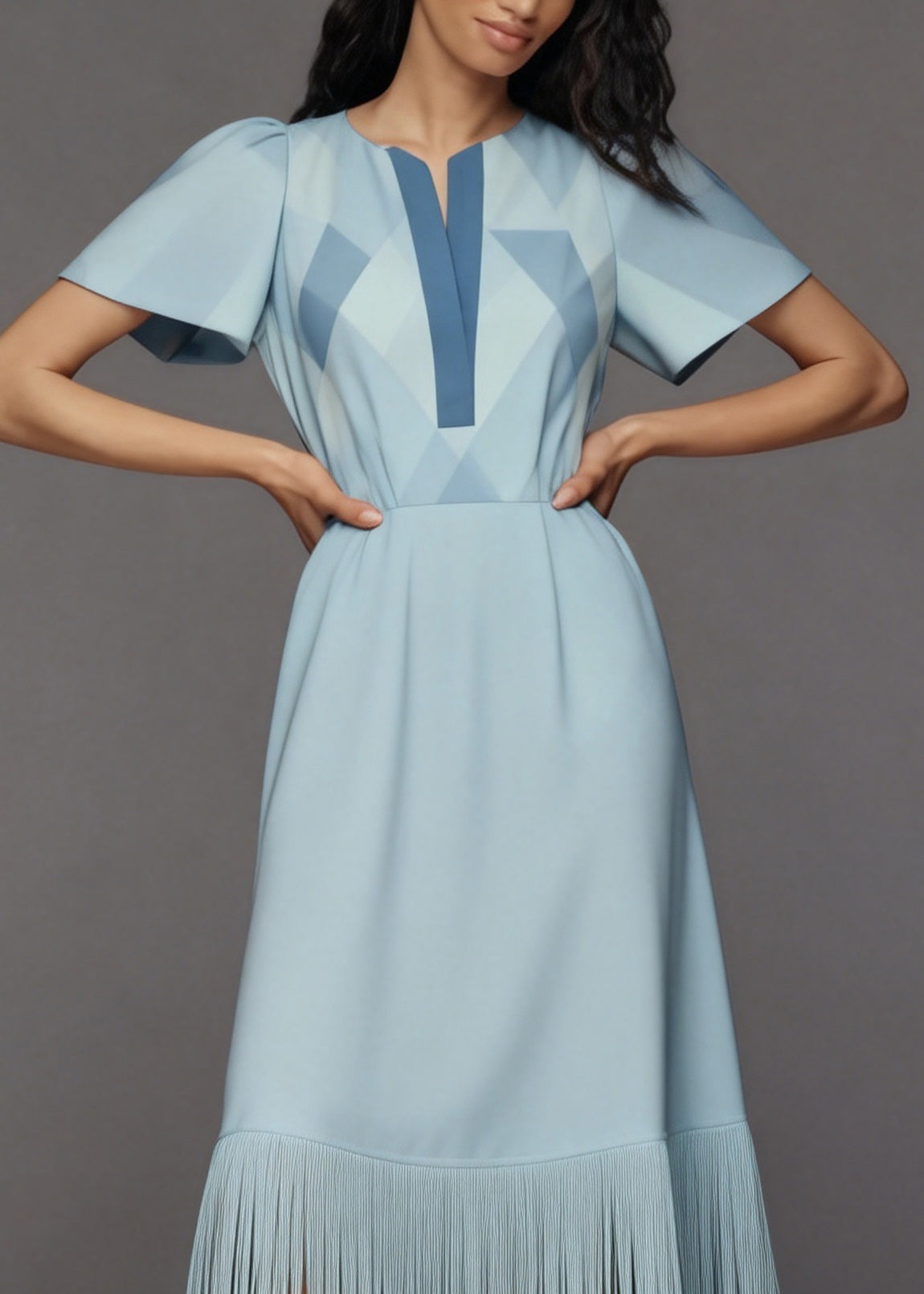 Fashion Light Blue Tasseled Patchwork Cotton Long Dress Summer