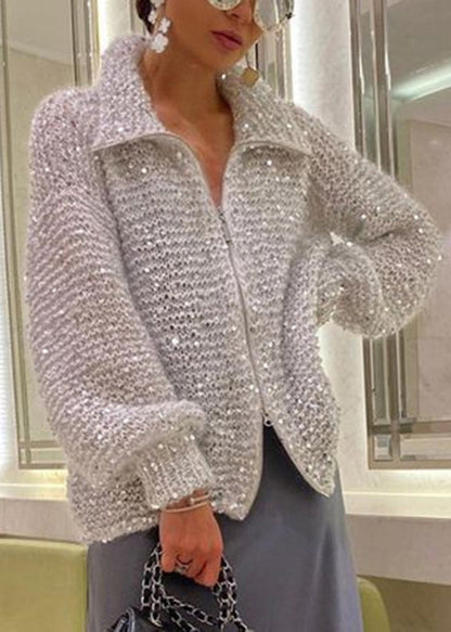 Fashion Light Camel Zip Up Sequins Knit Cardigan Spring