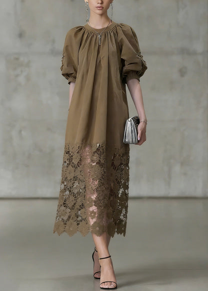 Fashion Light Coffee Puff Sleeve Lace Patchwork Cotton Long Dress
