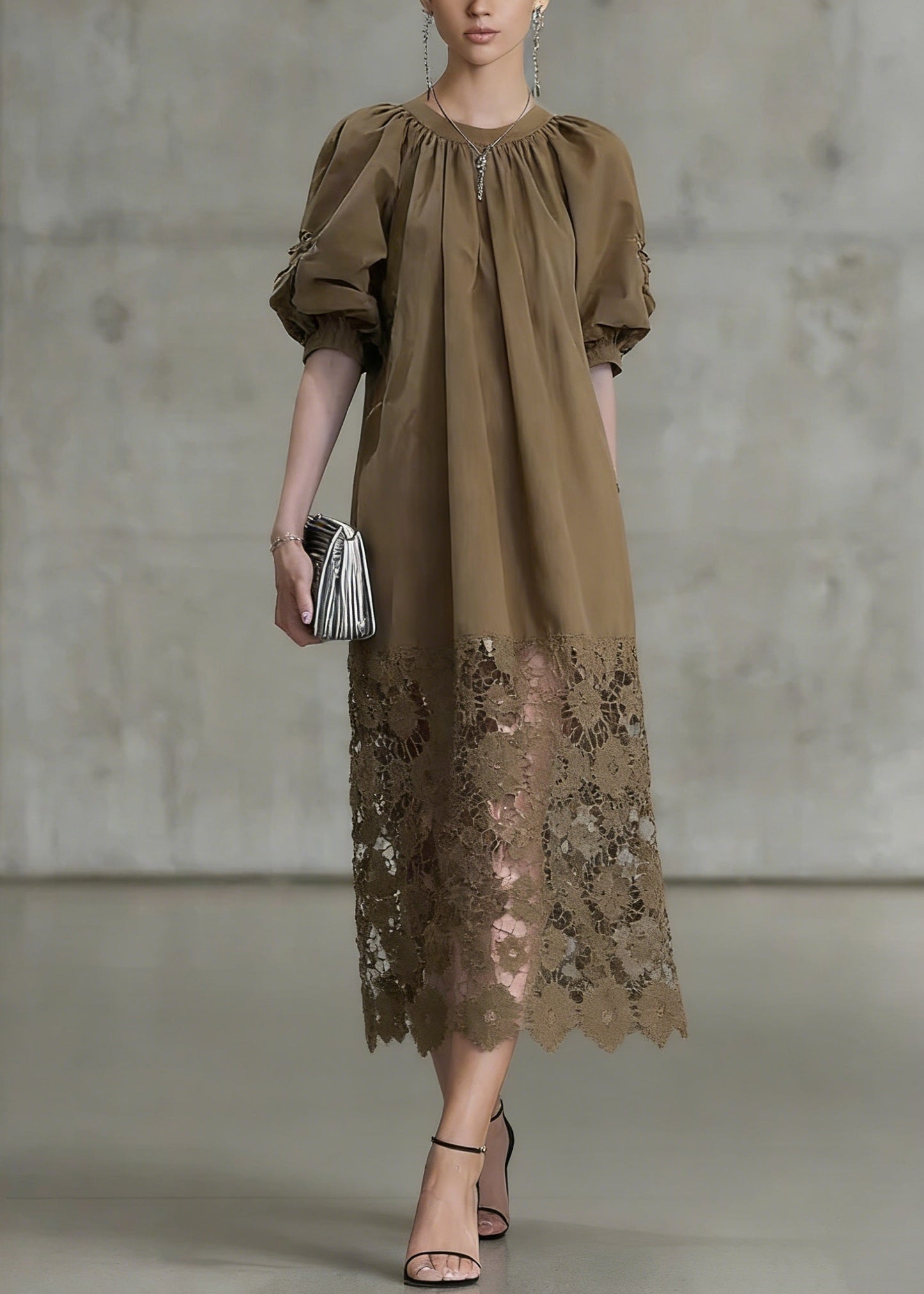 Fashion Light Coffee Puff Sleeve Lace Patchwork Cotton Long Dress