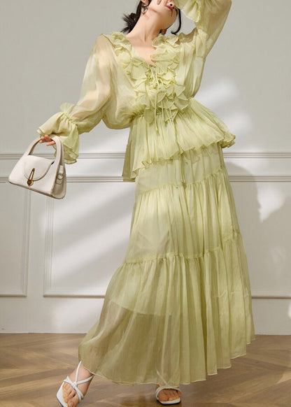 Fashion Light Green V Neck Ruffled Shirts And Maxi Skirts Two Pieces Set Flare Sleeve