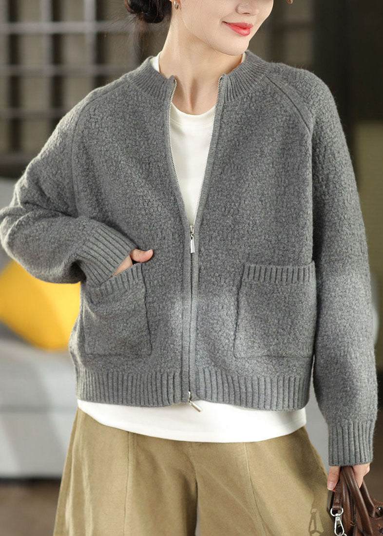 Fashion Light Grey Zippered Pockets Solid Cotton Knit Cardigan Winter