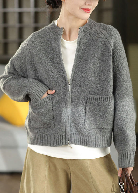 Fashion Light Grey Zippered Pockets Solid Cotton Knit Cardigan Winter