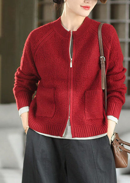 Fashion Light Grey Zippered Pockets Solid Cotton Knit Cardigan Winter