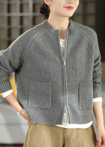Fashion Light Grey Zippered Pockets Solid Cotton Knit Cardigan Winter