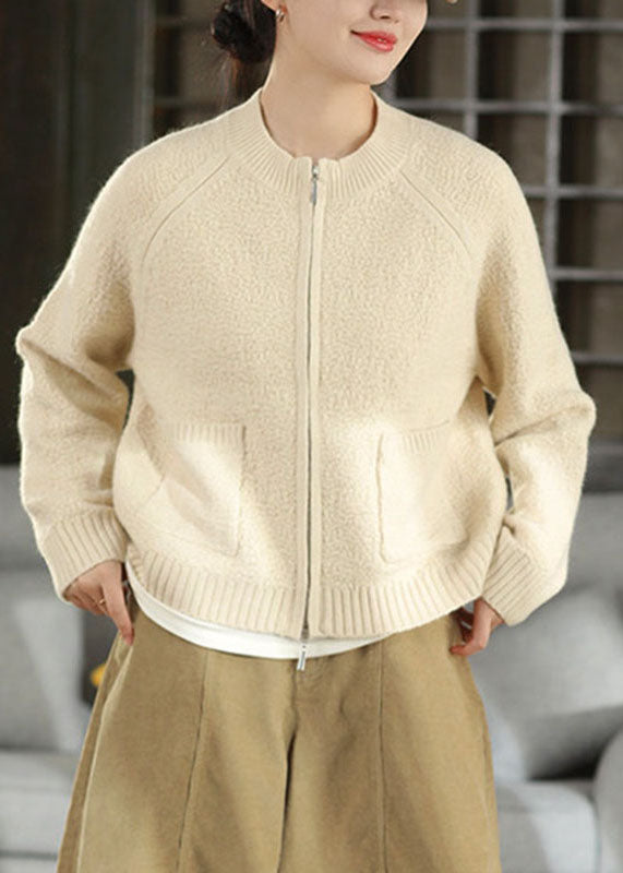 Fashion Light Grey Zippered Pockets Solid Cotton Knit Cardigan Winter