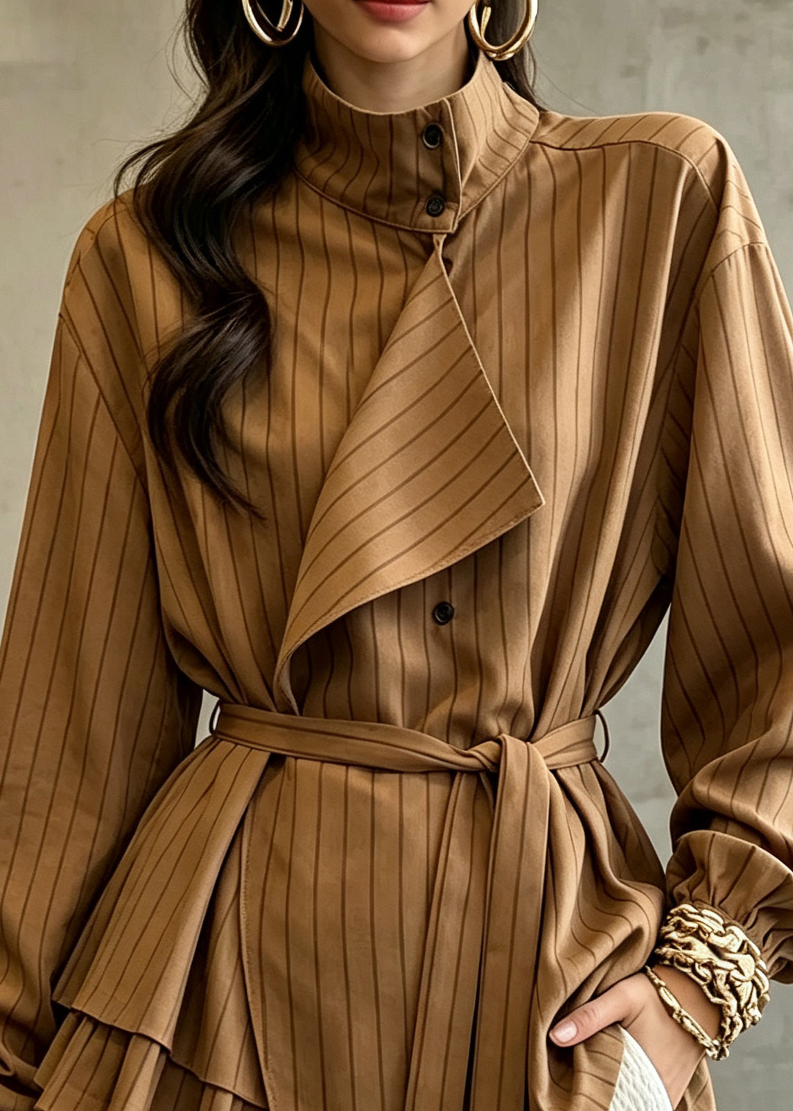 Fashion Maillard Color Stand Collar Striped Tie Waist Shirt Long Sleeve