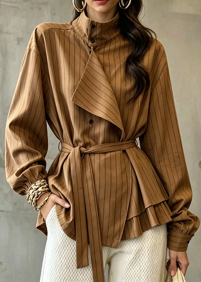Fashion Maillard Color Stand Collar Striped Tie Waist Shirt Long Sleeve