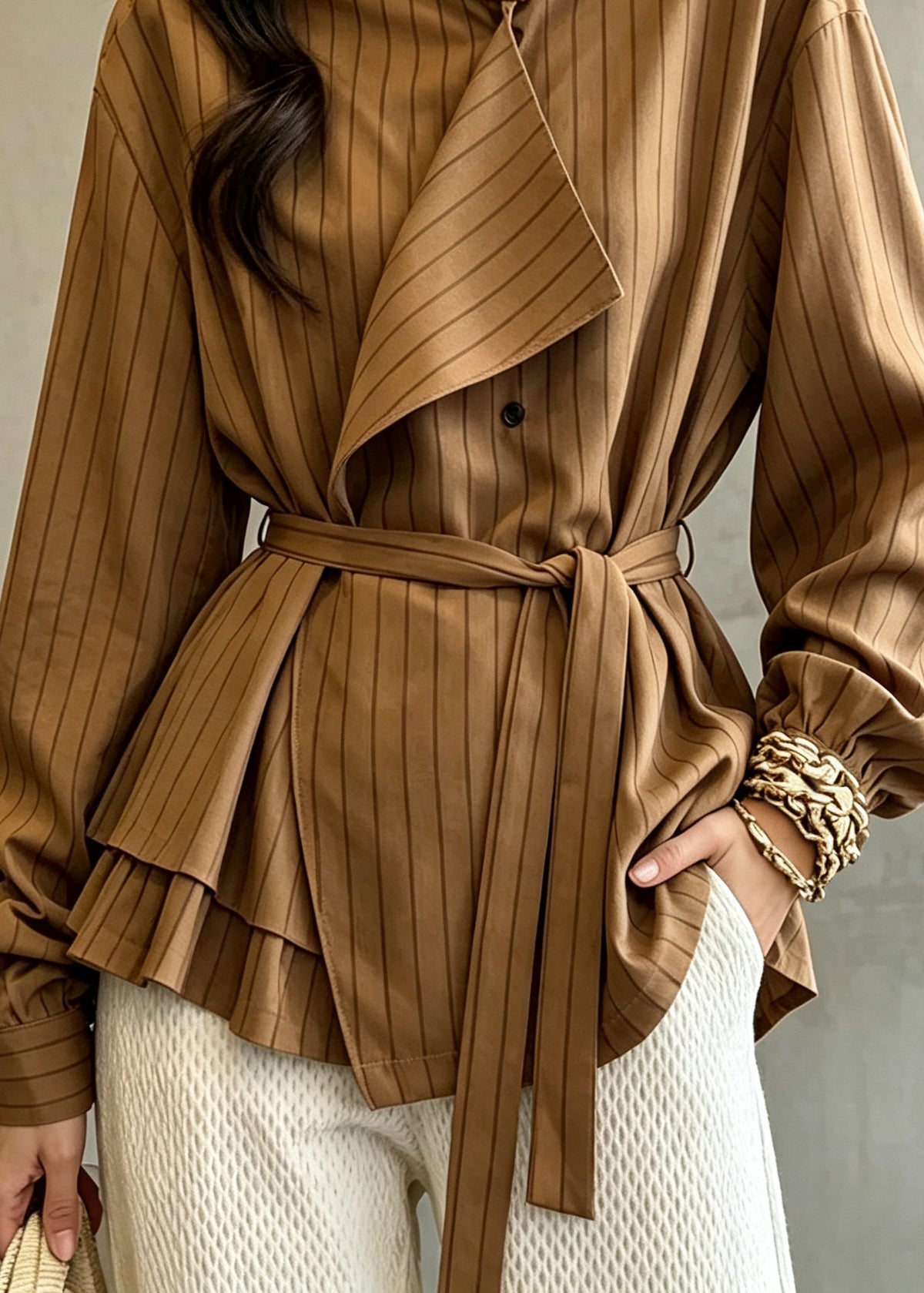 Fashion Maillard Color Stand Collar Striped Tie Waist Shirt Long Sleeve
