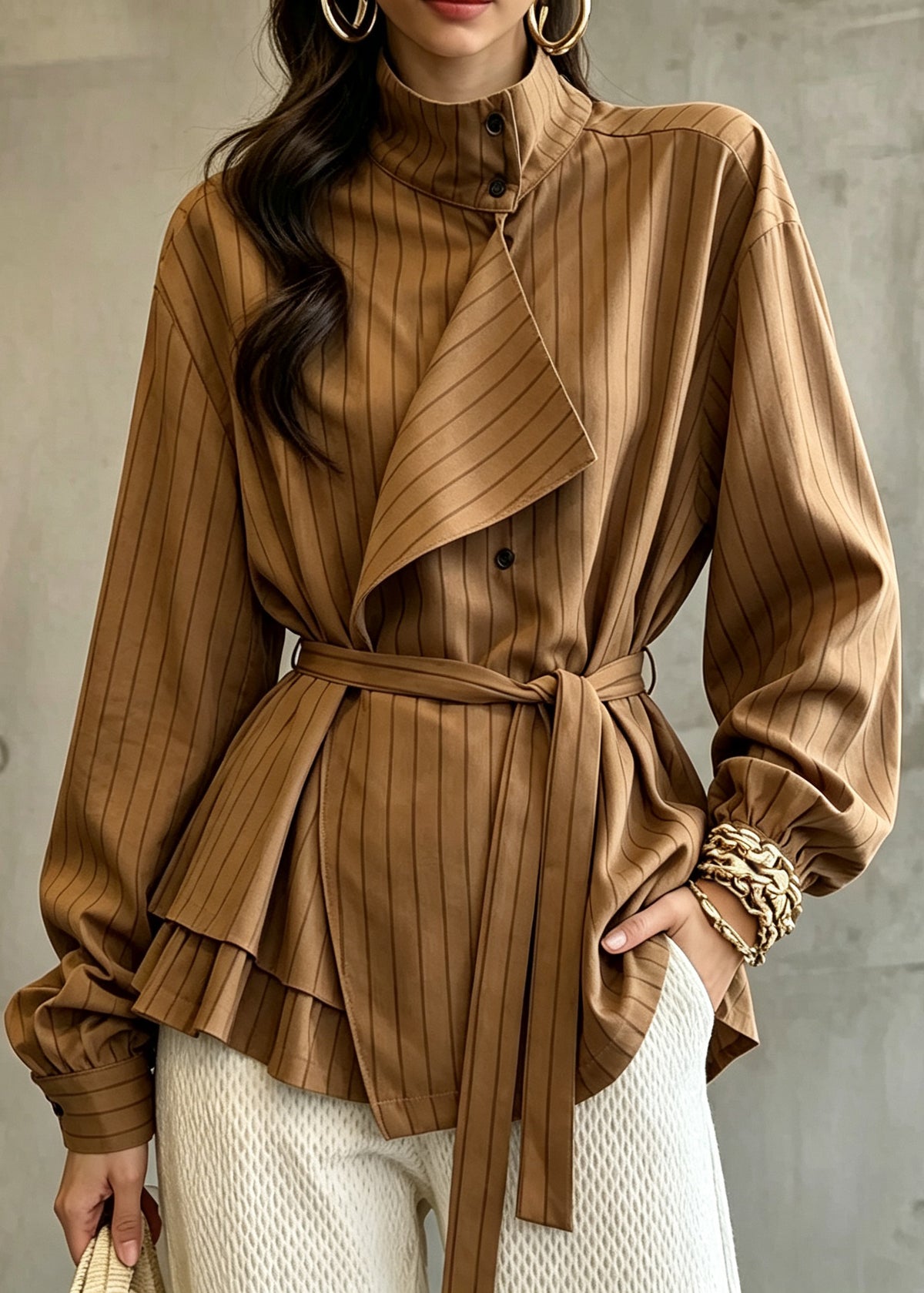 Fashion Maillard Color Stand Collar Striped Tie Waist Shirt Long Sleeve
