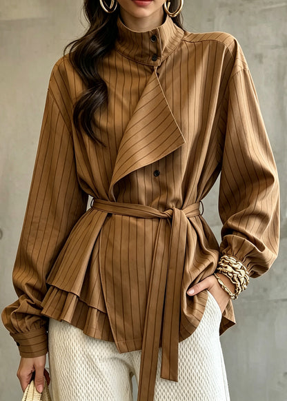 Fashion Maillard Color Stand Collar Striped Tie Waist Shirt Long Sleeve