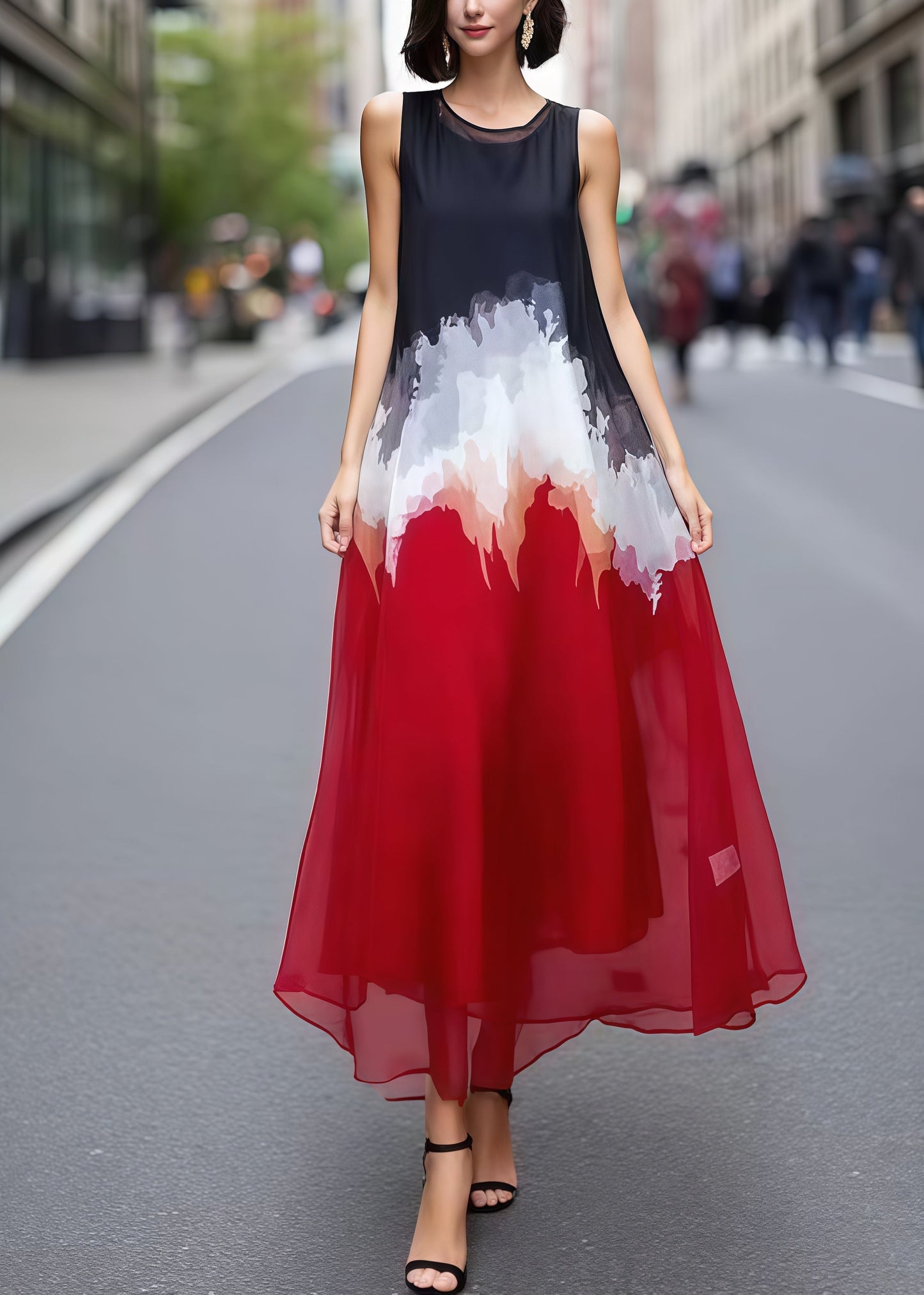 Fashion Mixed Color Print Chiffon Holiday Dress Sleeveless