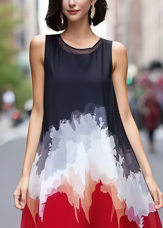Fashion Mixed Color Print Chiffon Holiday Dress Sleeveless