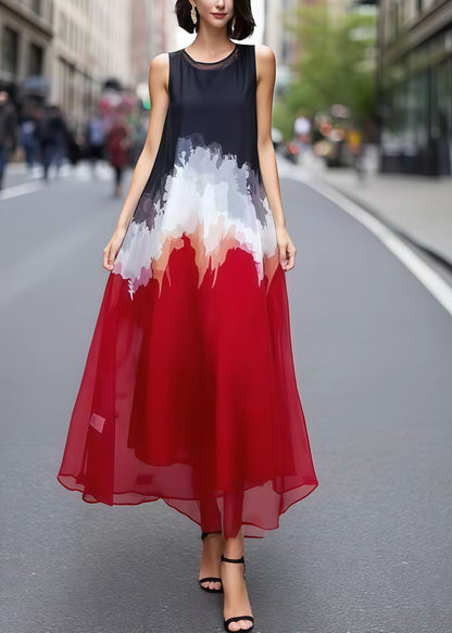 Fashion Mixed Color Print Chiffon Holiday Dress Sleeveless