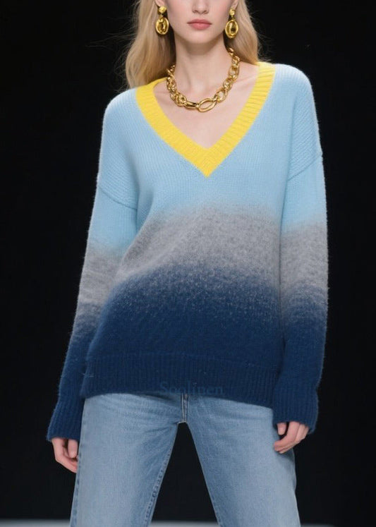 Fashion Mixed Color V Neck Warm Knitted Tops Winter