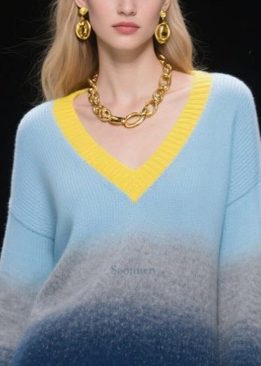 Fashion Mixed Color V Neck Warm Knitted Tops Winter