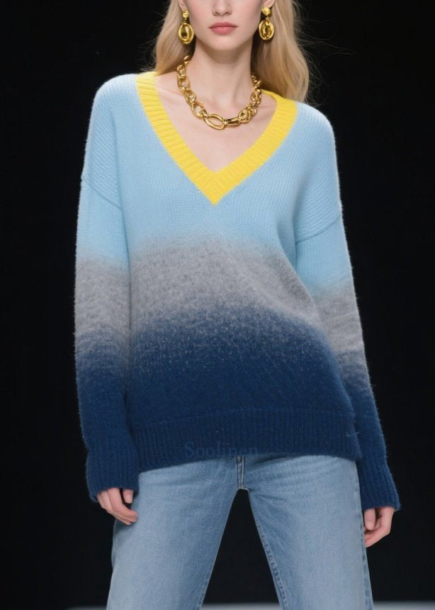 Fashion Mixed Color V Neck Warm Knitted Tops Winter