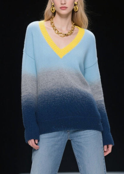 Fashion Mixed Color V Neck Warm Knitted Tops Winter