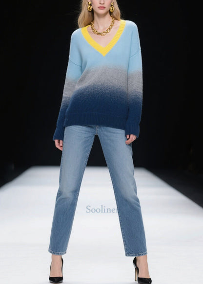 Fashion Mixed Color V Neck Warm Knitted Tops Winter