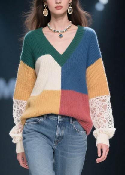 Fashion Multicolor V Neck Patchwork Lace Knit Pullover Fall