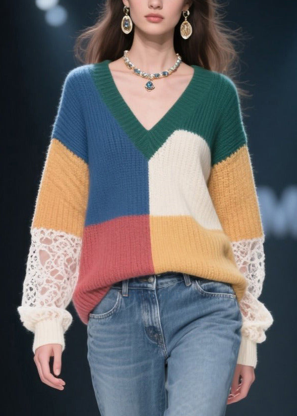 Fashion Multicolor V Neck Patchwork Lace Knit Pullover Fall