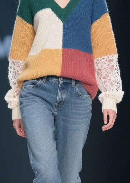 Fashion Multicolor V Neck Patchwork Lace Knit Pullover Fall