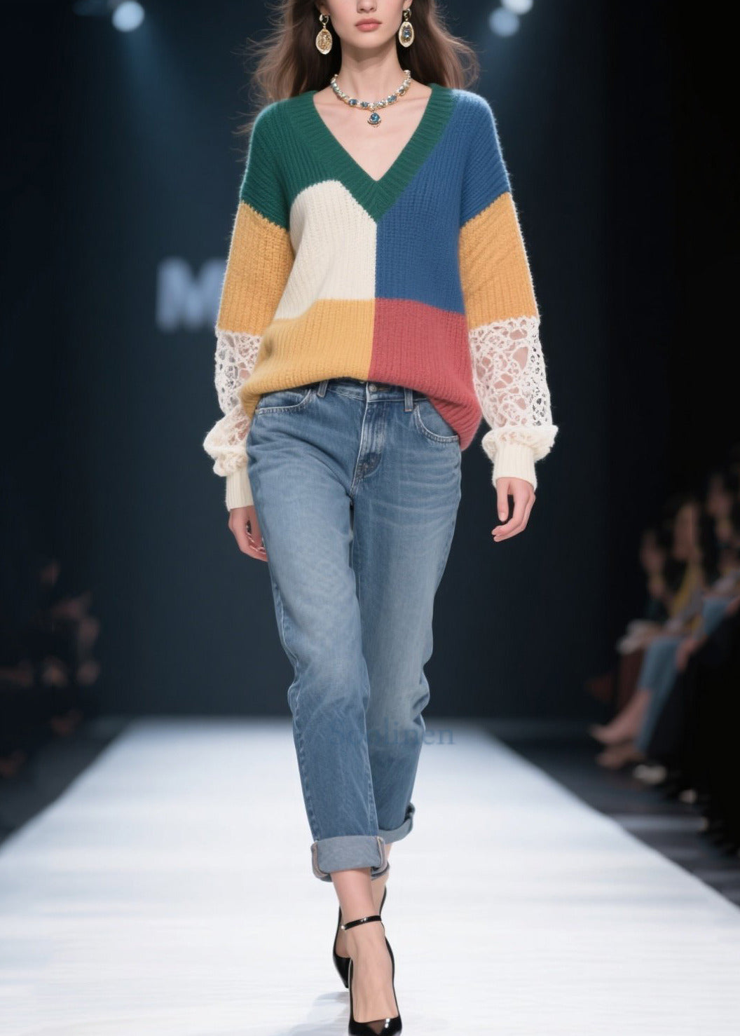 Fashion Multicolor V Neck Patchwork Lace Knit Pullover Fall