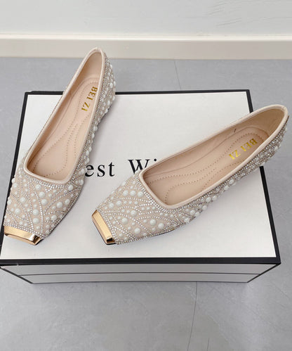 Fashion Nail Bead Zircon Splicing Penny Loafers Apricot Faux Leather