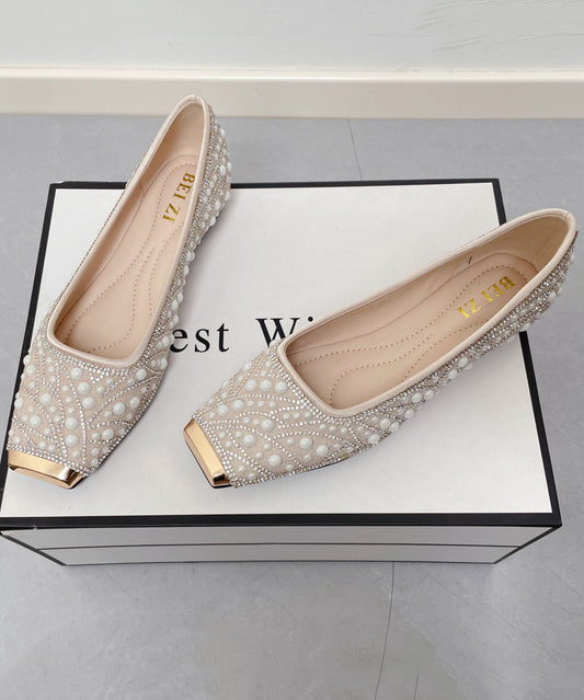 Fashion Nail Bead Zircon Splicing Penny Loafers Apricot Faux Leather