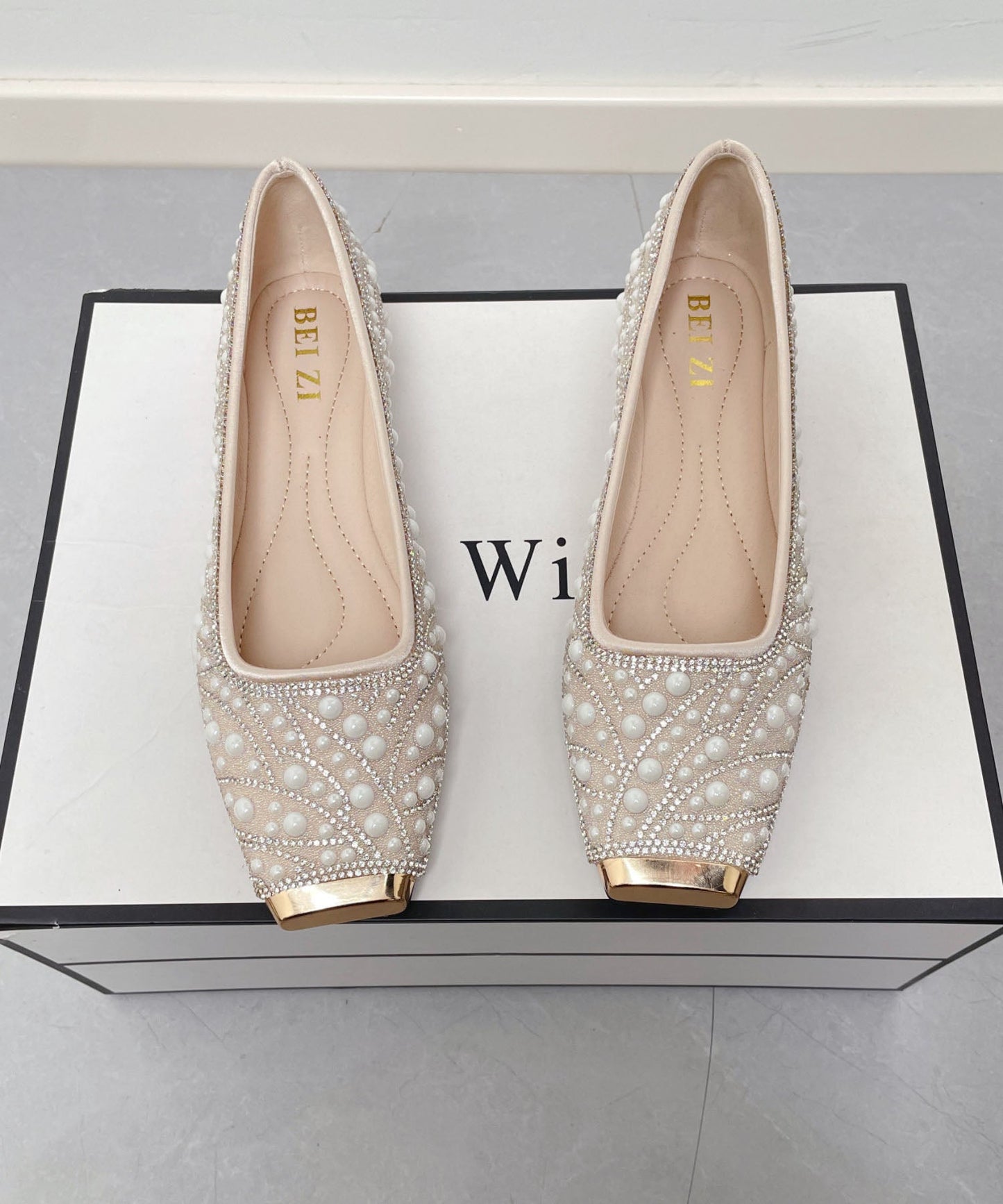 Fashion Nail Bead Zircon Splicing Penny Loafers Apricot Faux Leather